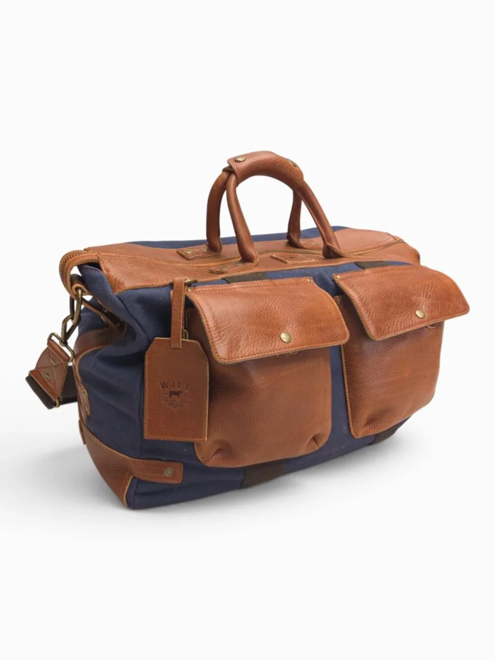 Will Leather Goods Canvas + Leather Travel Duffle, Navy/Tan, 20x13x10
